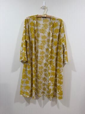 Lavish Floral Kimono Duster Cardigan Yellow White Open Front Size L